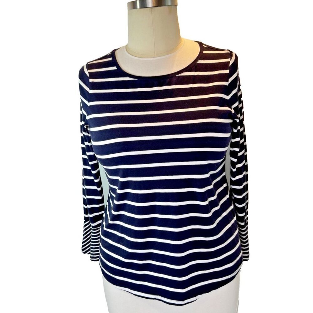 Chico's - Women's L Blouse Navy Blue White Striped Bell Cuffed Boat Neck